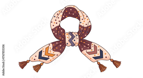 Stylized illustration of a brown and beige polka dot scarf with tassels and geometric patterns.