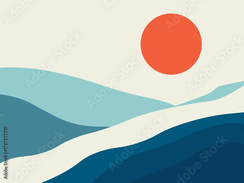 Stylized landscape with sun rising or setting over rolling hills