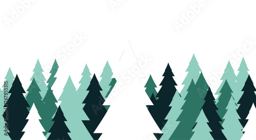 A stylized forest scene with a row of evergreen trees in various shades of green and one stark white tree centered in the composition.
