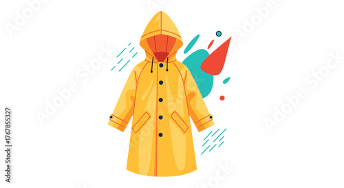 Whimsical cartoon illustration of a bright yellow raincoat with abstract design elements in the background, creating a cheerful image.