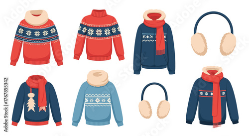 Winter clothing collection featuring sweaters, jackets, scarves, and earmuffs against a white background, perfect for seasonal designs and illustrations.