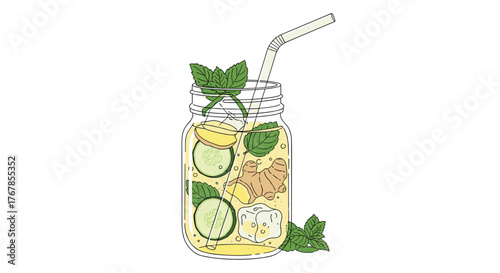 Refreshing cucumber ginger mint infused water in a mason jar with a straw.
