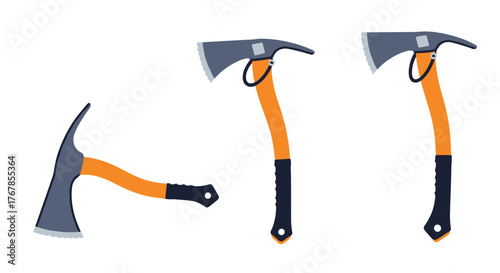 A stylized illustration of three axes, set against a plain white background, each with a different orientation.