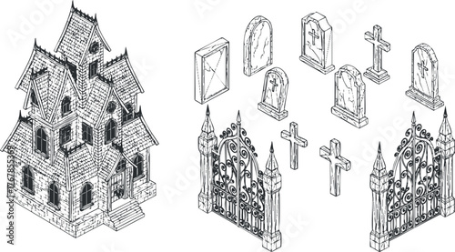 A detailed illustration of a haunted house and graveyard elements including tombstones and ornate gates.
