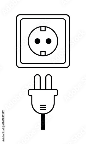 Electric plug and socket. Simple black outline energy symbol for technology, power connection, electricity, charging, or eco energy banner design. Minimal line art illustration