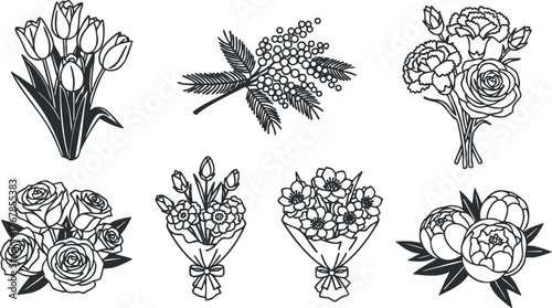 A collection of hand-drawn floral illustrations featuring various flower bouquets and arrangements.
