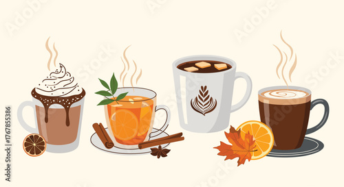 A variety of warm autumn drinks including hot chocolate, tea, and coffee, with fall decorations.
