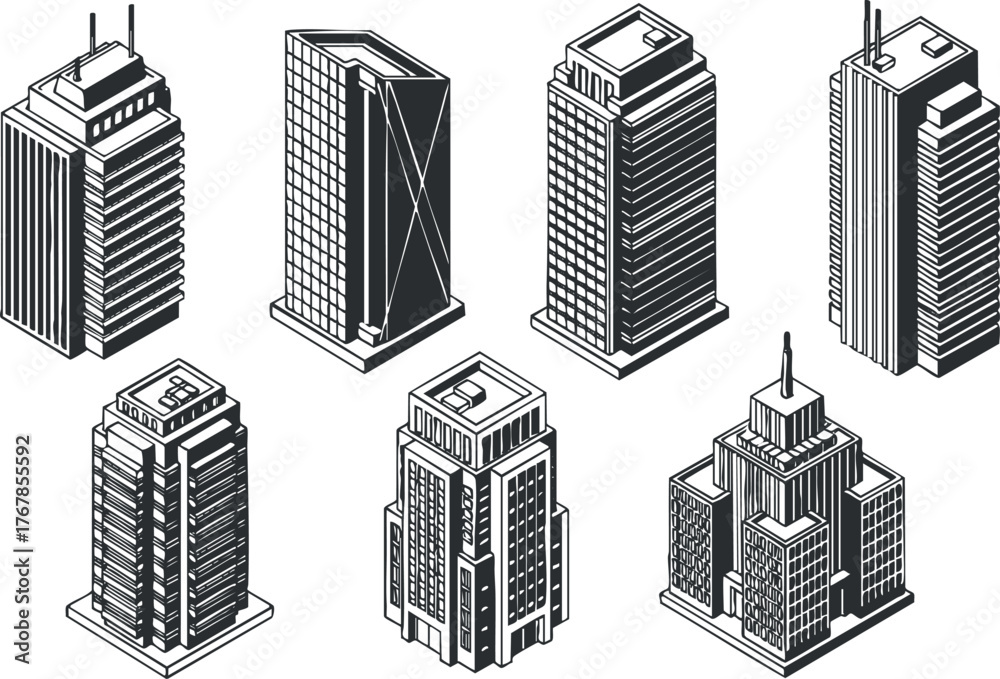 Fototapeta premium A collection of various modern skyscraper designs illustrated in a detailed vector style.