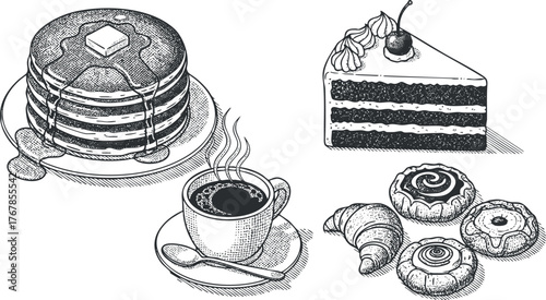 A hand-drawn illustration of pancakes, coffee, and various desserts on a table.