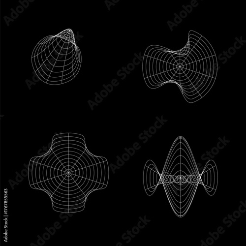 Four abstract wireframe surfaces made of curved white circles, black background, vector