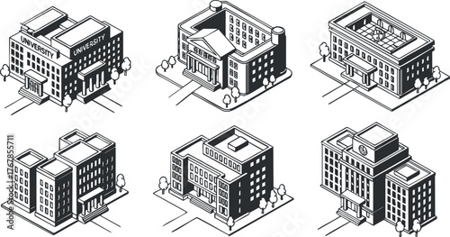 Stylized illustrations of various university buildings showcasing academic and educational architecture.