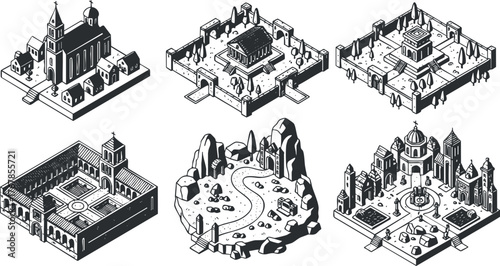 Isometric illustration showcasing various architectural structures and landscapes in a stylized design.