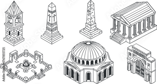 A collection of architectural illustrations featuring various historical monuments and structures.