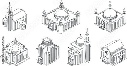 A collection of architectural sketches featuring various religious buildings including mosques and churches.