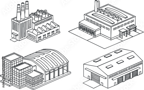 Collection of industrial buildings including factories warehouses and power plants in line art style