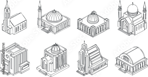 A collection of illustrated religious buildings including mosques, churches, and temples in outline style.