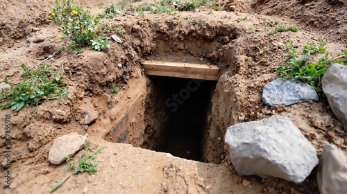 An open grave hole dug into the earth and ground for a burial in a cemetery.