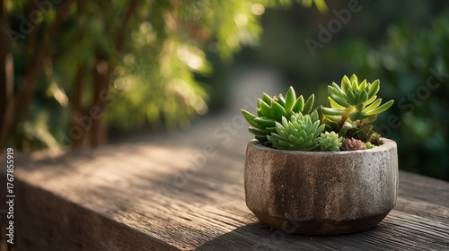 A vibrant green succulent plant in a rustic pot sits on a wood surface outdoors in a nature garden with a blurred background.