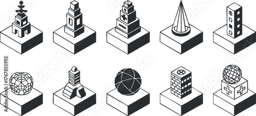 A collection of 3D geometric models showcasing various architectural structures and shapes.