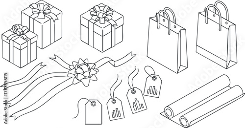 Illustration of various gift items including boxes bags ribbons and tags in line art style.
