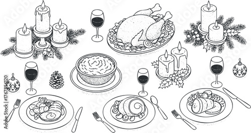 A festive holiday dinner scene featuring a turkey, candles, wine, and various delicious dishes.