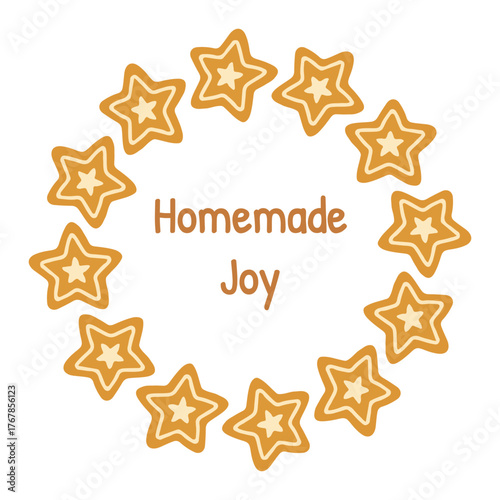 Gingerbread star wreath with "Homemade joy" lettering. Festive Christmas or winter bakery design in caramel and cream colors isolated on white background for holiday design and seasonal decorations.