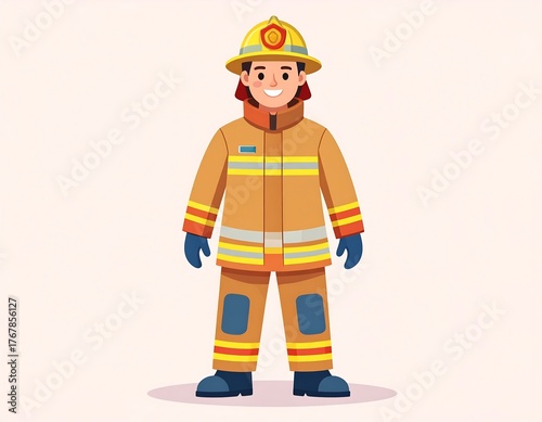 Illustration of a smiling cartoon firefighter in protective gear and helmet
