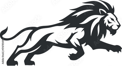 A stylized illustration of a roaring lion in motion, symbolizing strength and power.