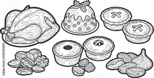 A collection of delicious festive foods including chicken, desserts, pies, and snacks.