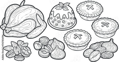 An illustration of a festive meal featuring chicken, desserts, and assorted nuts and treats.