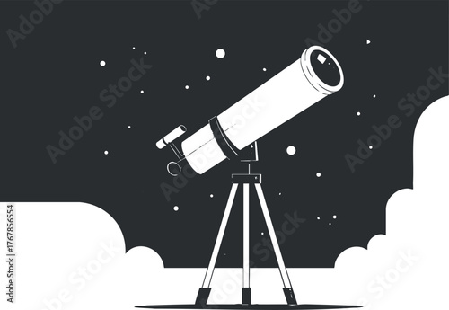 A telescope pointing towards the night sky filled with stars, representing astronomy and exploration.