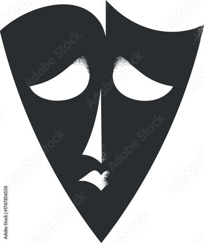 A stylized black theater mask representing drama and emotions in performance art.