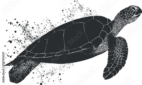 Stylized black and white illustration of a turtle swimming with splash effect.