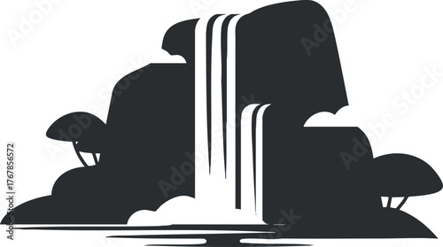 A minimalist silhouette illustration of a waterfall cascading down rocky mountains surrounded by trees.