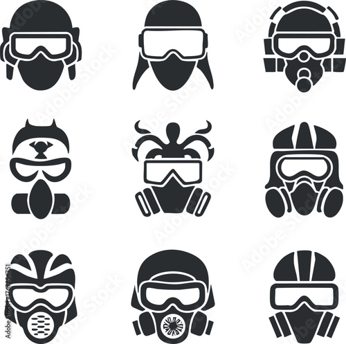 Set of diverse safety masks and helmets featuring various protective gear and goggles.