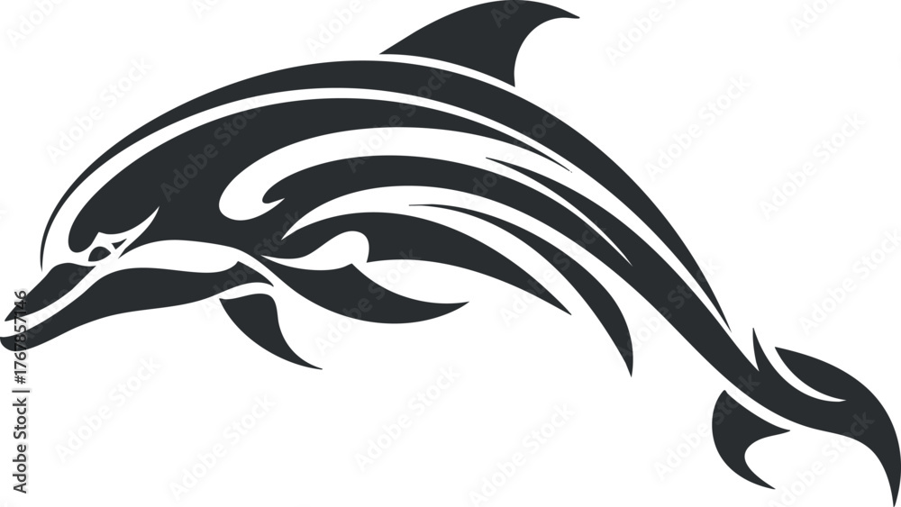 Obraz premium Stylized black and white dolphin illustration representing marine life and ocean themes.