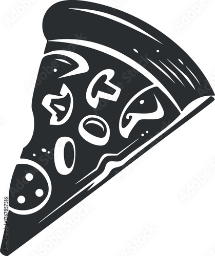 A stylized illustration of a slice of pizza featuring various toppings and a crispy crust.