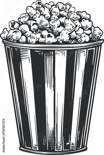 A vintage-style illustration of a bucket filled with popcorn perfect for movie nights.