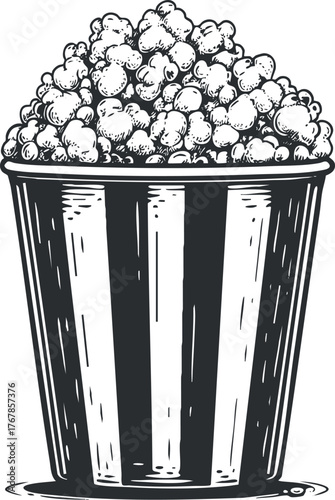 A vintage illustration of a striped bucket filled with popcorn, perfect for movie nights.