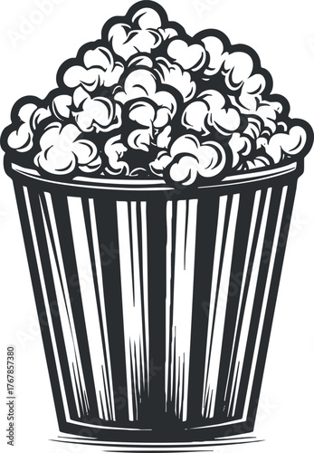 A classic striped bucket filled with fluffy popcorn ideal for movie nights and snacks.