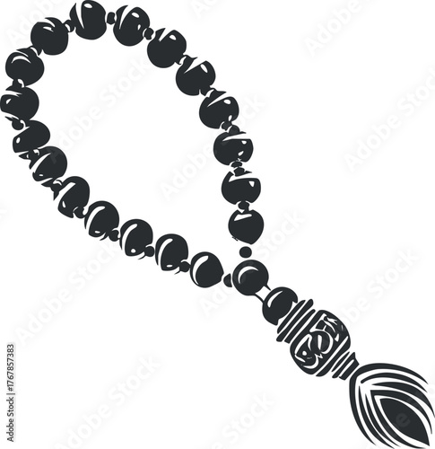 A decorative beaded necklace commonly used for meditation and spiritual practices.