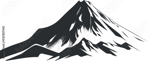 Stylized black and white illustration of a mountain peak with dramatic contours and slopes.