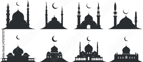 A collection of mosque silhouettes featuring domes and minarets against a crescent moon backdrop.
