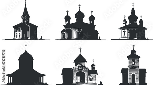 A collection of church silhouettes representing diverse architectural styles and cultural significance.