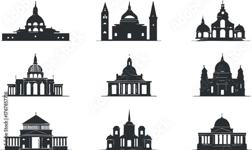 A collection of iconic architectural silhouettes showcasing famous landmarks and structures in black.