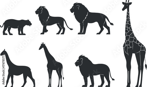 A collection of black animal silhouettes including a tiger, lion, giraffe, and zebra.
