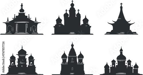 Set of six black silhouettes of various temple and church architectures showcasing intricate designs.
