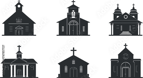 Set of six iconic church silhouettes showcasing diverse architectural styles and designs.