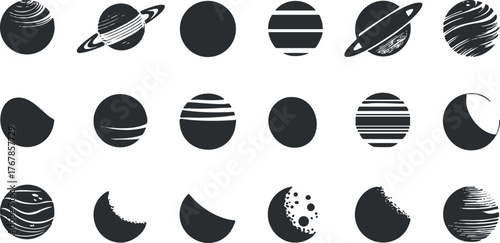 A collection of various planet and moon illustrations in black and white style.