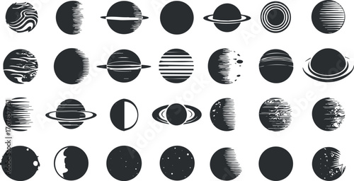Collection of abstract planet illustrations in various styles and patterns suitable for space themes.